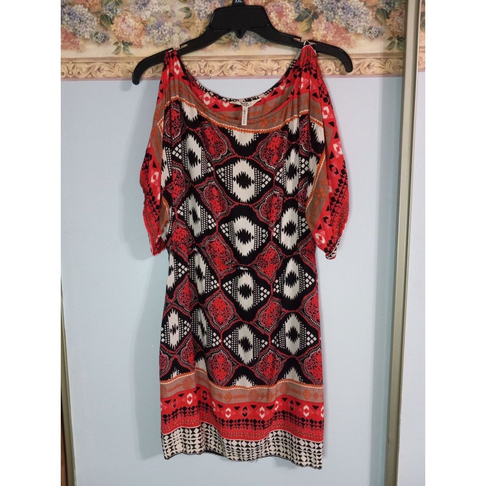 Black Poppy Small Colorful Dolman Short Sleeve Aztec Casual Fun Shift Dress